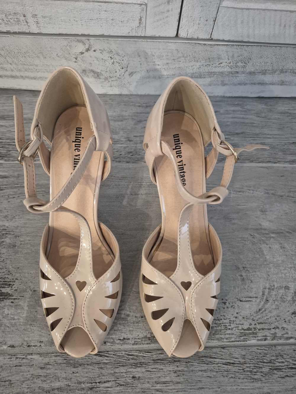 Unique Vintage Blush Patent T-Strap Peep-Toe Heels